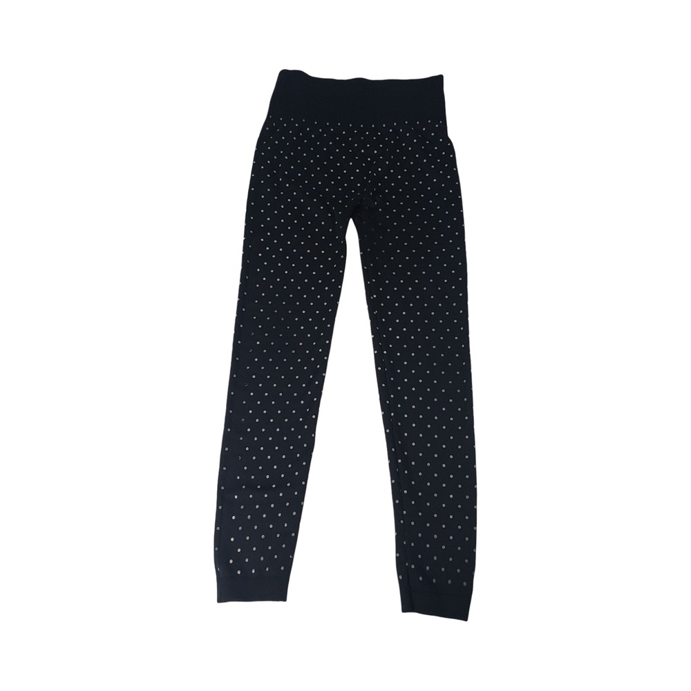Womens High Waisted Black Silver Metallic Polka Dot Leggings Large